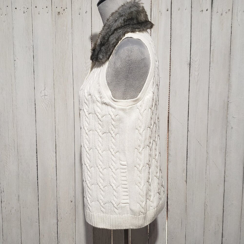 Claiborne S Cable Sweater Vest Cream Faux Fur Cozy Western Cabin Boho Chic Retro - Picture 4 of 7
